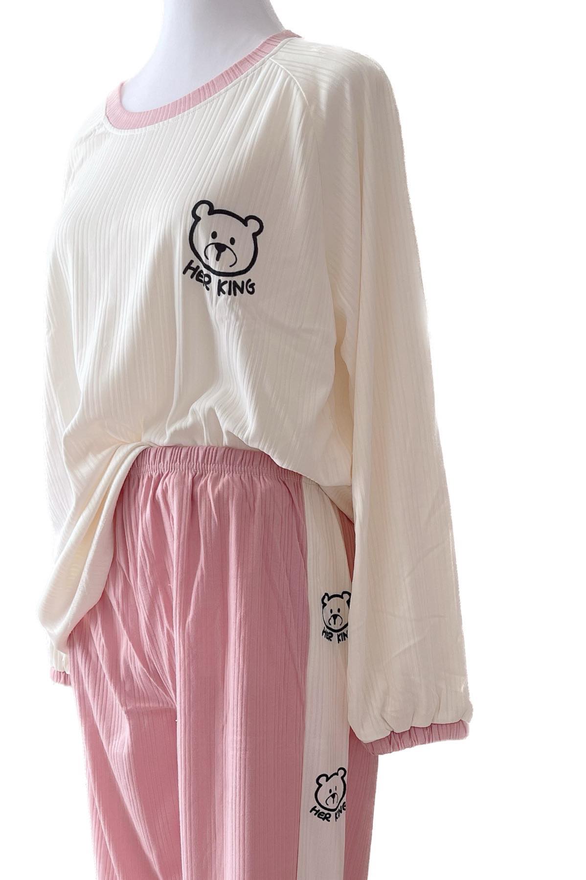 Women Cartoon Bear Print Long Sleeves Pajama Set