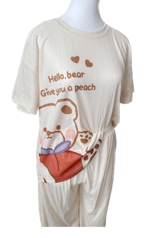 Women Soft Bear Print Short Sleeve Pajama Set