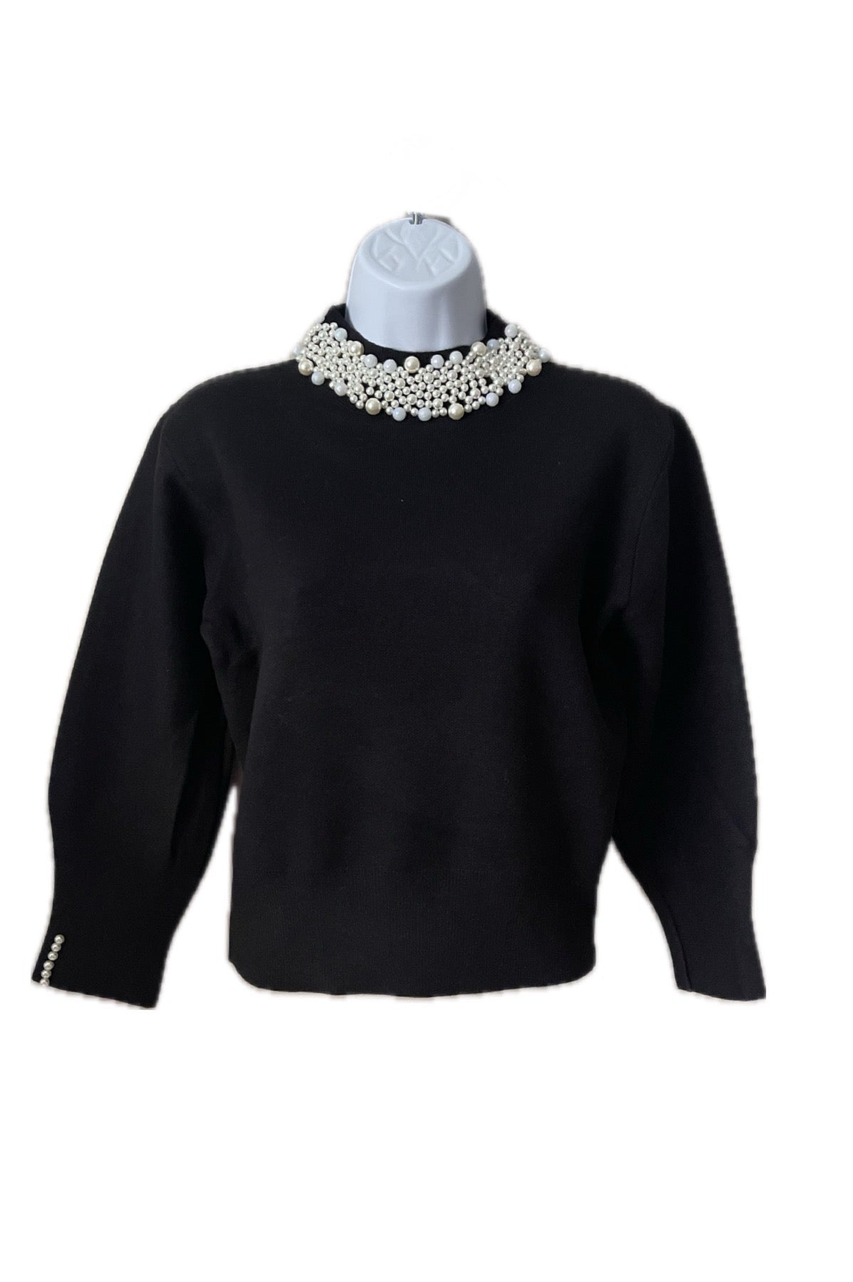 Chic Faux Pearls Black Sweater