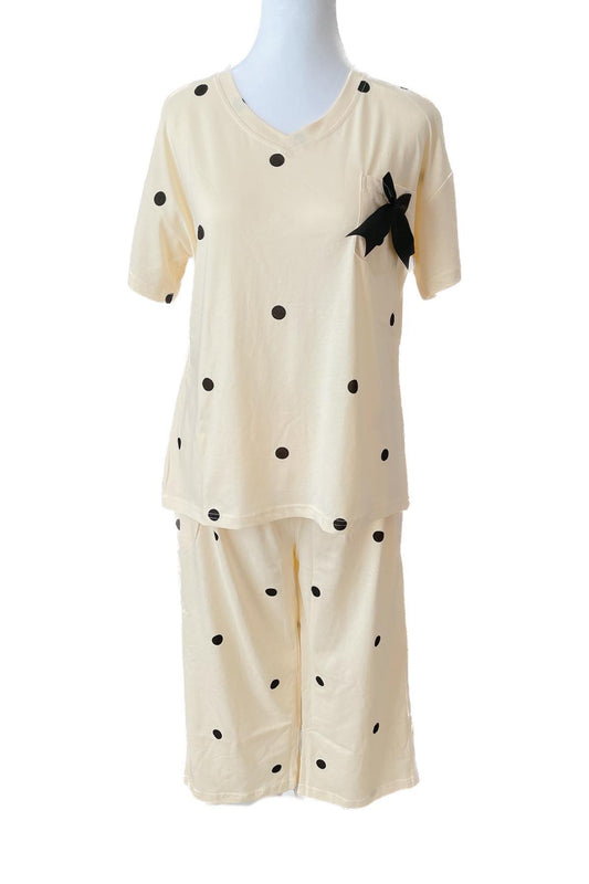 Women Polka Dot Print with Soft Bow Pajama Set Asian Size